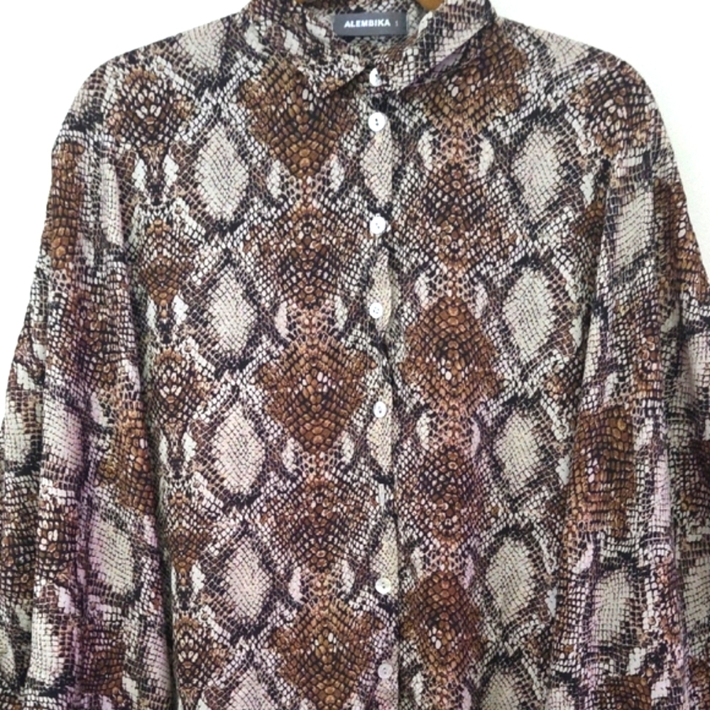 Alembika Brown Python Snakeskin Print Button-Up B… - image 3